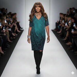 1XL Geometric Patterned Dress in Navy and Teal